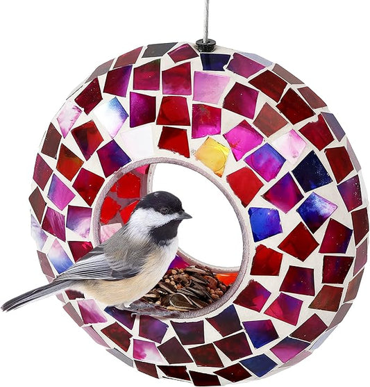 Sunnydaze 6-Inch Glass Mosaic Hanging Bird Feeder for Outdoors - Fly-Through Glass Bird Feeder for Cardinals, Jays, Finches and More - Crimson Mosaic