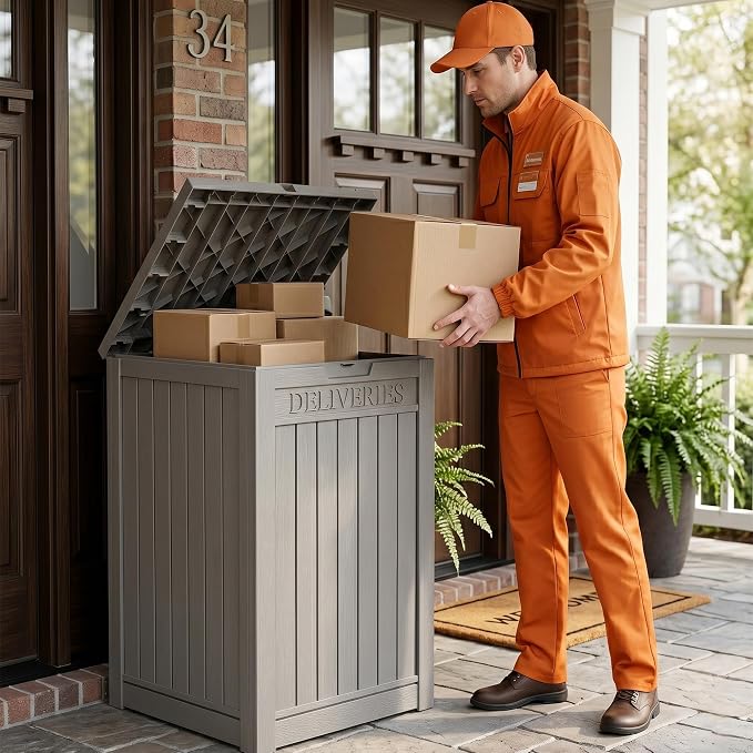 Outdoor Storage Box, 65 Gallon Package Delivery Boxes for Outside, with Lockable Secure, Deck Box Outdoor Waterproof for Entryway, Front Porch, Backyard, Garden, Patio, Lawn, Grey
