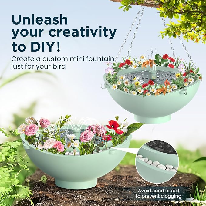 Rywell 4" Extra Deep Hanging Bird Bath, Solar Bird Bath Fountain with 3 Spray Modes - 2L Large Capacity, Quiet Pump with Filter & Auto Shut-Off for Outdoor Garden Yard Decor