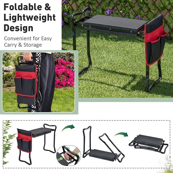 Giantex Garden Kneeler & Seat, Folding Gardening Stool, Portable Garden Bench with EVA Foam Pad, Heavy-Duty Metal Frame, Gardening Tool for Women Men Seniors, Holds 330 LBS, Black (with 1 Bags)