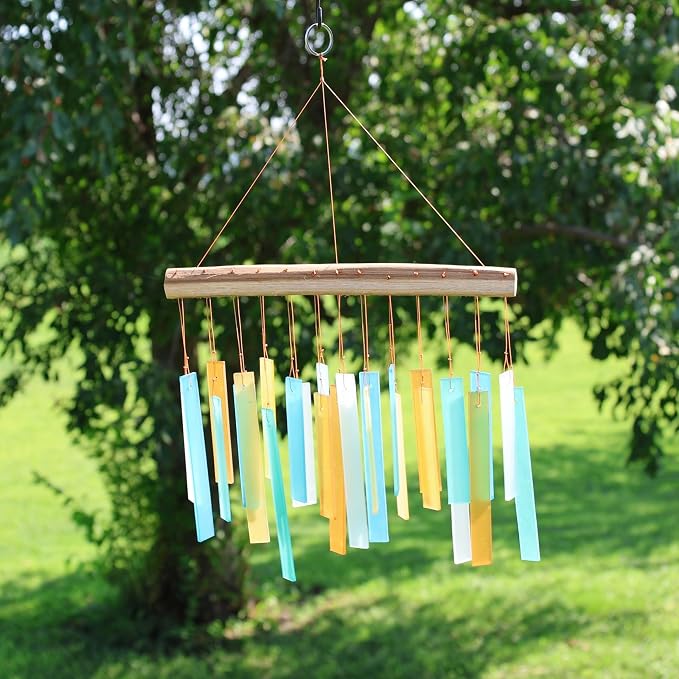 Blue Handworks Caribbean Beach Glass and Driftwood Chime - Sandblasted Glass and Found Wood Hand Crafted Wind Chime