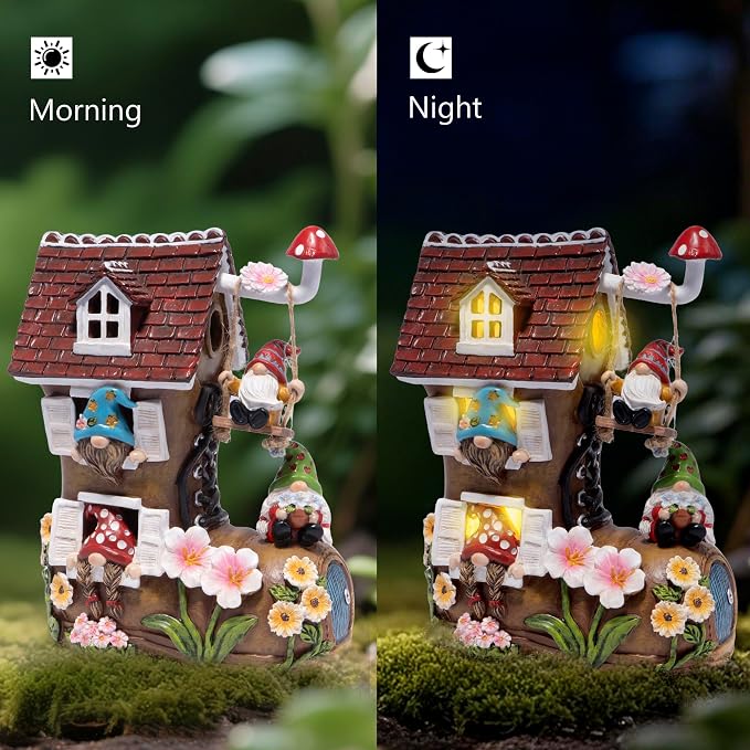 basen Solar Gnome Garden Statue with Boot House, Resin Outdoor Fairy Garden Decor with LED Lights, Waterproof Yard Ornament for Patio Lawn Backyard, Charming Gnome Figurine with Mushroom Swing