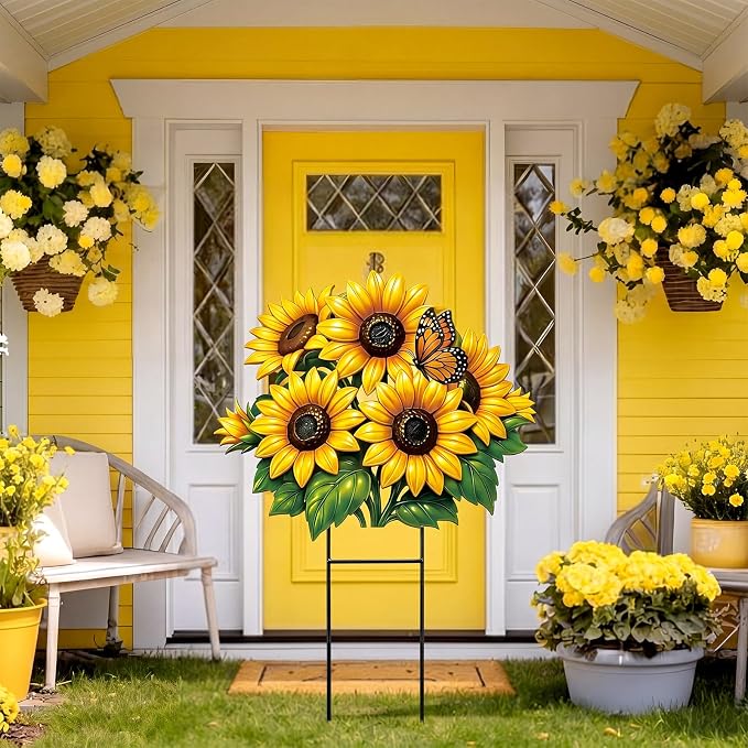 Amyhill Summer Sunflower Metal Garden Stake 20 Inch Sunflower Welcome Yard Sign Decoration Outdoor Sunflowers Decorative Garden Stake for Home Outside Lawn Patio Walkway Backyard Porch Decor