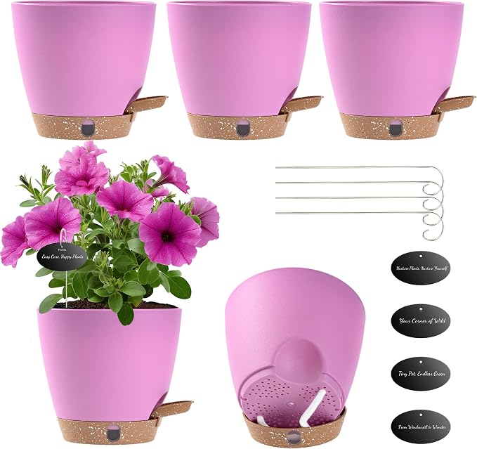 6 Inch Self Watering Pots for Indoor Plants(5-Pack) – Small Plastic Planters with Water Level Window, Drainage Holes & Trays, Indoor Outdoor Flower Pots for Herbs, Snake,Pothos (Dusty Rose/Pink)