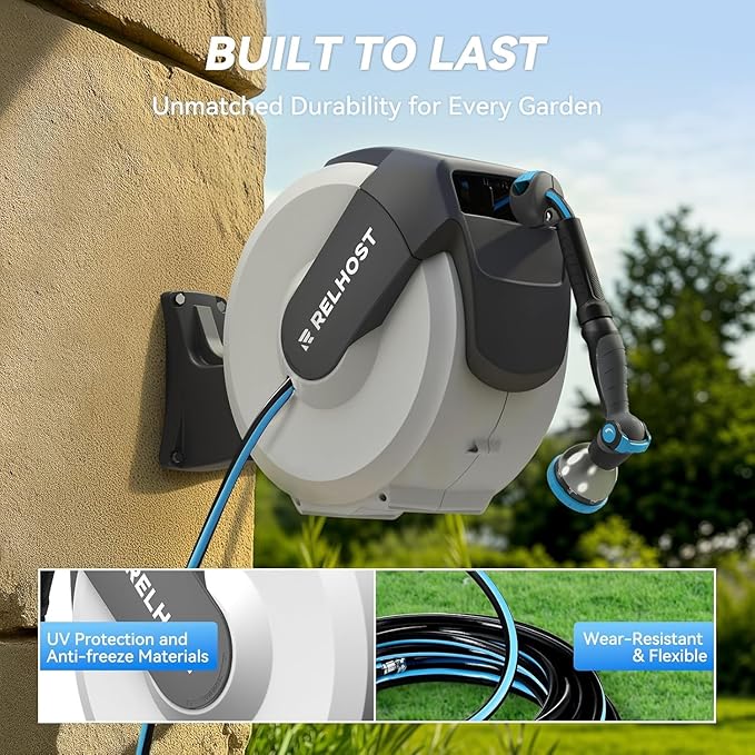 Relhost Retractable Garden Hose Reel, 1/2 in x 65 ft Wall Mount Heavy Duty Hose Reel with Any-Length Lock, Auto Rewind System, 180° Swivel Bracket, and 10-Pattern Nozzle for Garden, White &Grey