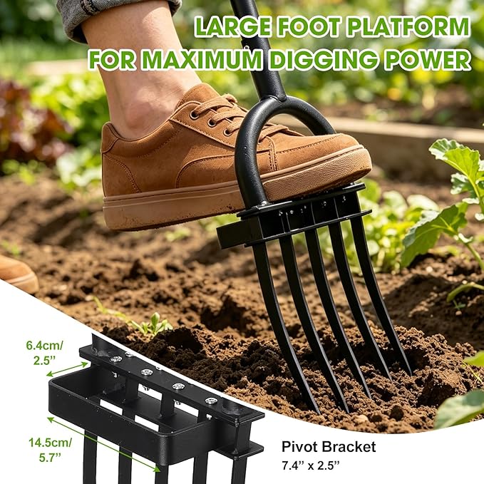 Broad Fork Garden Tool, 55" Heavy Duty 5 Sharp Tines BroadFork Hand Tiller Garden Pitchfork with Ergonomic Handles for Spading Digging Fork Gardening Cultivating Composting and Loosening