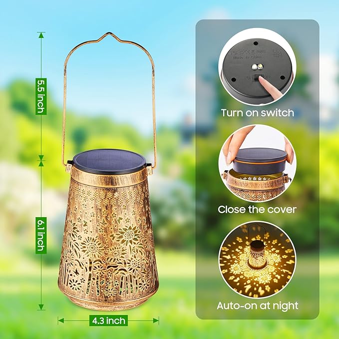 4 Pack Solar Lanterns Outdoor Waterproof Birthday Gifts for Women Mom Grandma, Hollowed-Out Metal Sunflower Hanging Solar Lantern Lights Outdoor Decor, 2 Lighting Modes for Yard, Patio