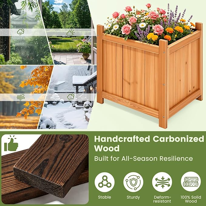 Set of 2 Wooden Planter Boxes Outdoor, 16.1" Square Fir Wood Flower Planters with Liner, Drainage Holes & Removable Bottom Board, Natural Wood Outdoor Bucket Planter for Patio Porch Yard Garden