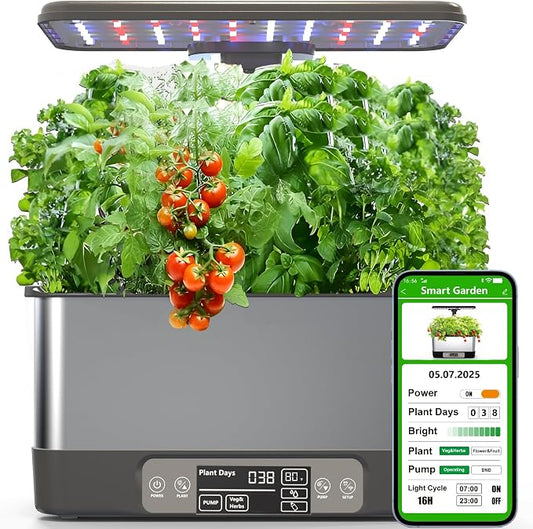 Hydroponics Growing System Indoor Garden, Smart Indoor Herb Garden with Grow Light, In door Gardening System 8 Pods, APP & WiFi Control, Auto Timer, Quiet Pump, Stainless, Gift for Women Mom, Gray