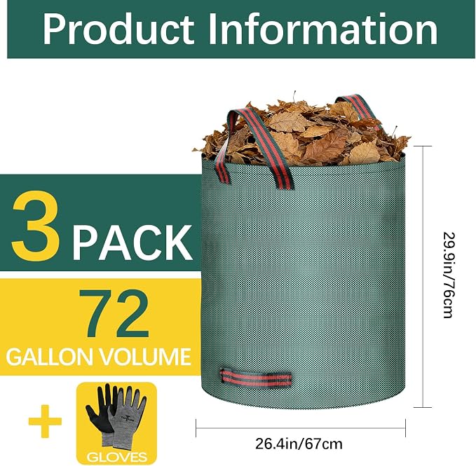 3 Pack 72 Gallon leaf collector bag lawn bags,leaf bags Heavy duty reusable,Gardening gloves included,Suitable for camping, yards, and recycling; can Cleaning debris, leaves, grass clippings