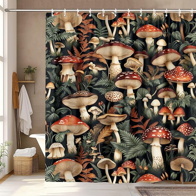 Retro Boho Mushroom Shower Curtain, Vintage Bohemian Witchy Dark Floral Botanical Bath Shower Curtain Set with 12 Hooks, Fairy Nature Plant Botanical Abstract Shower Curtain Bathroom 72"X72" Black
