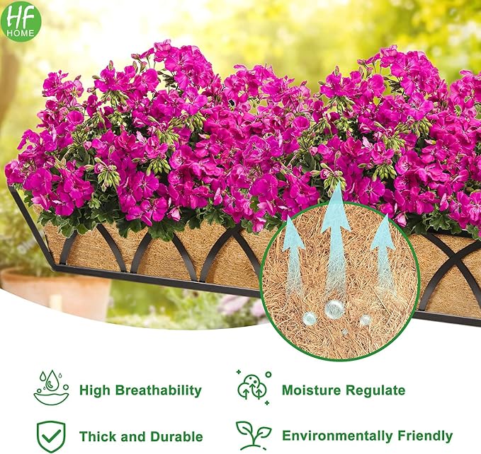 HFHOME 4 Pcs 30" Deck Railing Planter Box with Horse Trough Coco Liners, Black Window Box Hanging Flower Planters Baskets for Indoor, Outdoor, Balcony, Porch, Fence, Patio, and Lawn