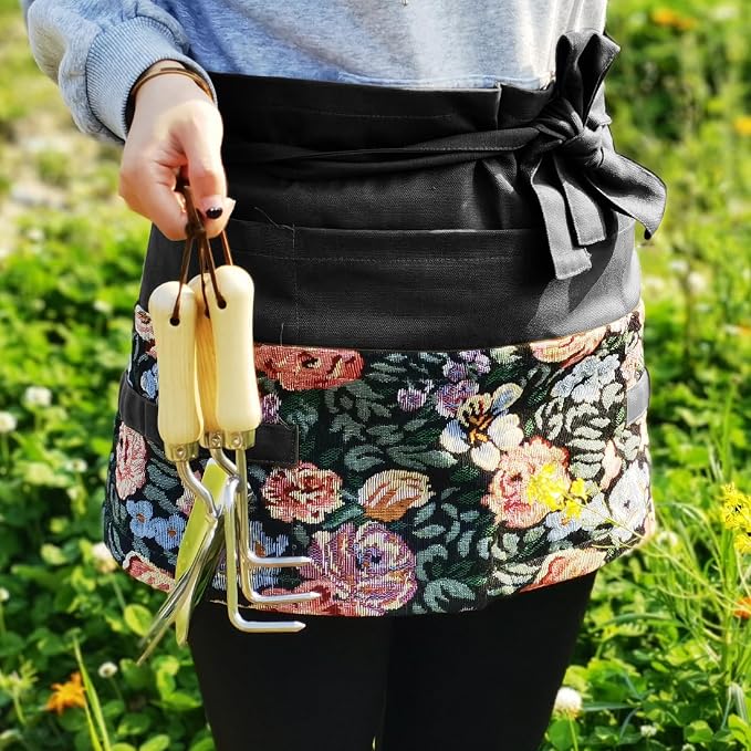 Garden Apron for Woman, Serve Apron Cute, Flora Half Apron with 8 Pockets, Valentines Gift for Mom Wife Girlfriend