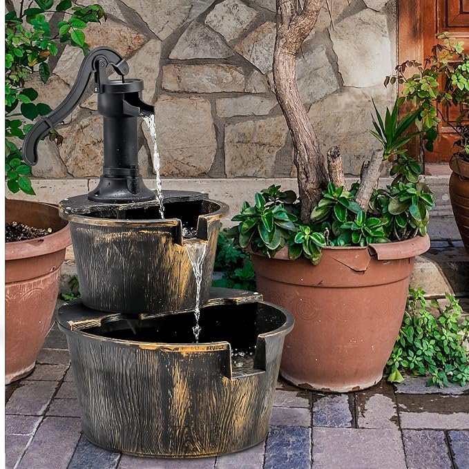 Tangkula 2-Tier Water Fountain Outdoor, Rustic Wood Cascading Waterfall Fountain with Electric Pump, Outside Water Feature with Decorative Hand for Garden Patio Backyard (Plastic)