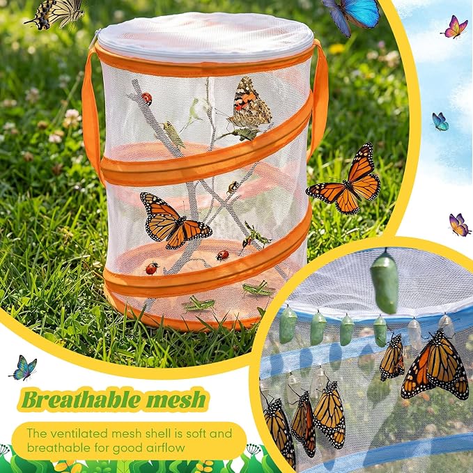 Sherr 10 Pcs Mini Butterfly Habitat Cage Clear Mesh Butterfly Net Cage Container Foldable Terrarium, 6.2x7.1inch (Multicolor)
