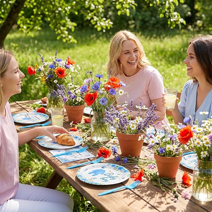 96 Pcs Wildflower Party Decorations Plates and Napkins Forks Floral Blue Disposable Paper Tableware Set for Birthday Flower Gender Reveal Spring Garden Party Supplies for 24 Adult Guests