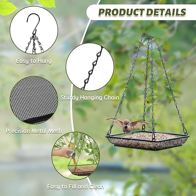 MIXXIDEA Hanging Bird Feeder Tray Metal Mesh Platform Seed Feeder with Durable Chains for Outdoors Garden Great for Attracting Birds (2 Pack)