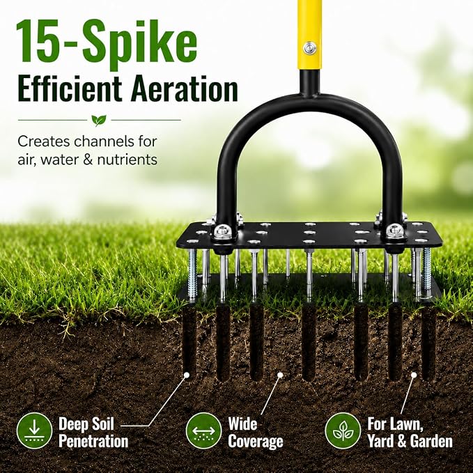 Manual Lawn Aerator Tool with 15 Spikes, 32"-35" Adjustable T-Handle,15-Spike Grass Aerator for Yard Care