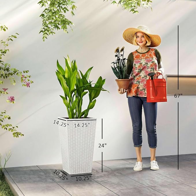 Outsunny Tall Planters for Outdoor Plants Set of 3, 24 in Taper Planters with Drainage Holes, Rattan Decor Plant Pots for Indoor Outdoor Front Porch Patio Backyard, White