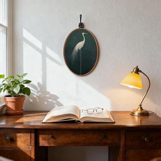 DOFQZ Japanese Crane Oval Wall Art Decor, Elegant Japandi Bird Framed Wall Art, Green Asian Oriental Crane Bird Walls Hanging Decor for Home Bedroom Living Room, 8.5x11.5 Inch