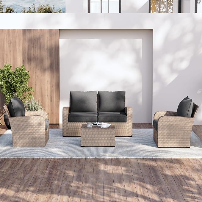 Aoxun Replacement Cushions for Outdoor Furniture, 4-Piece Outdoor Cushions for Patio Furniture, Deep Seat, Waterproof & Fade Resistant Couch Cushion for 4-Seat Patio Conversation Sets, Grey
