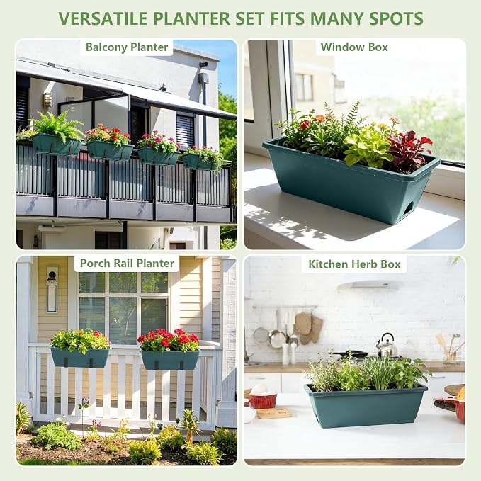 Railing Planter Box 4 Pack Deck Porch Railing Planters 17 inch Window Boxes Planters with Adjustable Brackets, Hanging Wall Planters for Plants, Fence Apartment Balcony Patio Over Rail Decor, Green