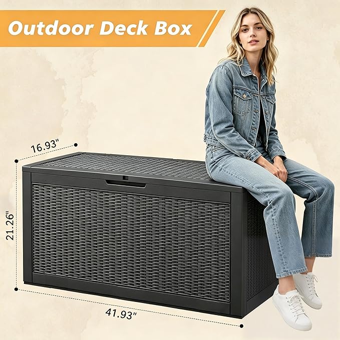 Fancyango 60 Gallon Outdoor Deck Box Waterproof, Storage Box for Patio, Resin Storage Bench Lockable for Garden Tools, Package Delivery, Black