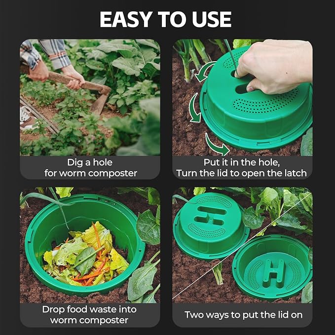 4-Pack Inground Worm Composter, Outdoor Worm Compost Bin for Garden Beds & Home Use, Vermicomposting Bin for Beginners (9.5x9.5x10.8Inch), Green
