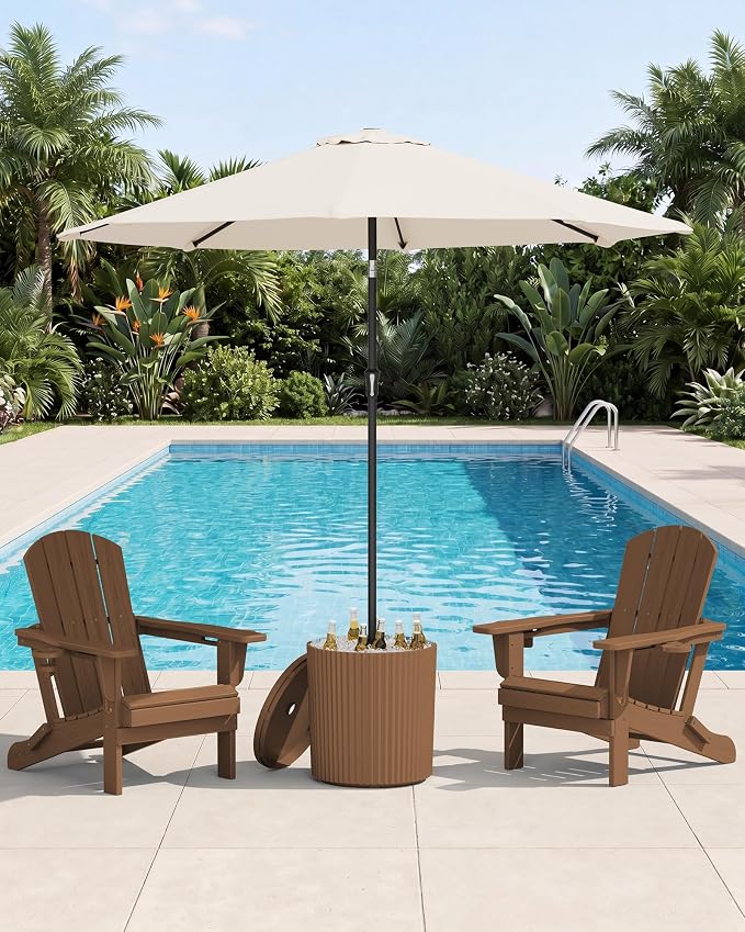 SERWALL Round Outdoor Umbrella Side Table Set of 2 - Outdoor Patio Table with Umbrella Hole for Porch/Patio/Poolside, Brown