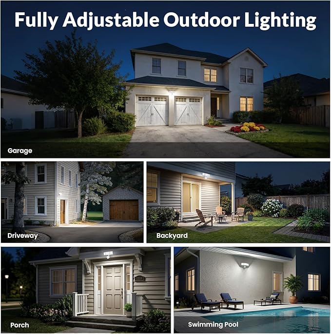 LEPOWER-TEC Zero Blind Spots Outdoor Security Light with 240° & 100ft Dual PIR Motion Sensor, 7000LM Adjustable Flood Light Brightness for Garage Driveway, Dusk to Dawn, IP65, Easy Hardwired Install
