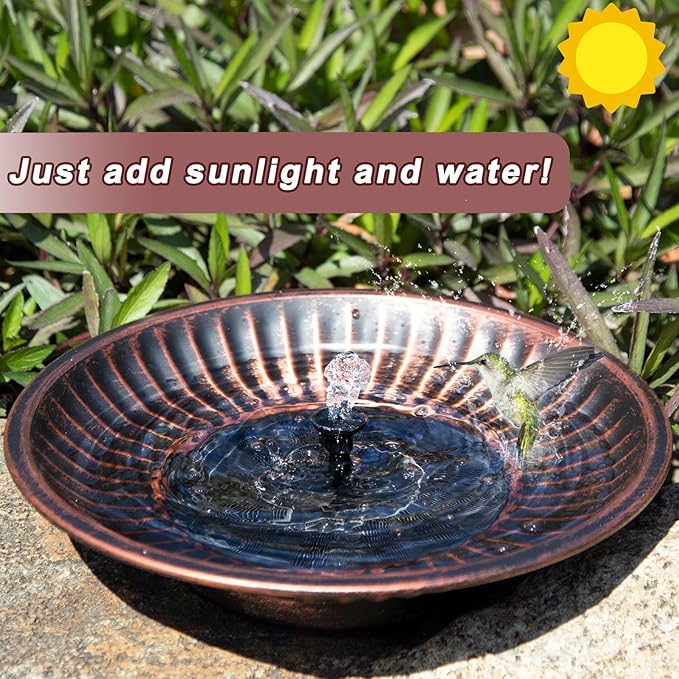 12.3" Solar Fountain Bird Bath for Outside, Metal Solar Bird Bath Fountains, Bird Bath Bubbler for Garden Patio Decor (Copper)