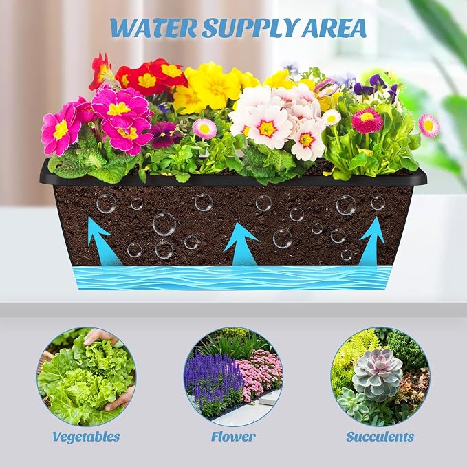 CADUKE Railing Planter Boxes 2 Pack 17 Inch Window Boxes Black Rectangle Railing Flower Box with Adjustable Bracket Window Deck Hanging Planters Boxes for Outdoor Patio