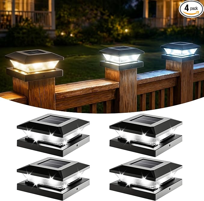 4x4-Solar-Post-Cap-Lights-Outdoor 4 Pack Solar Powered Fence Post Lights 3 Lighting Modes Deck Postcap Light for 3.5x3.5 4x4 Wood/Vinyl Posts LED Waterproof Garden Patio Porch Posts Lighting Black