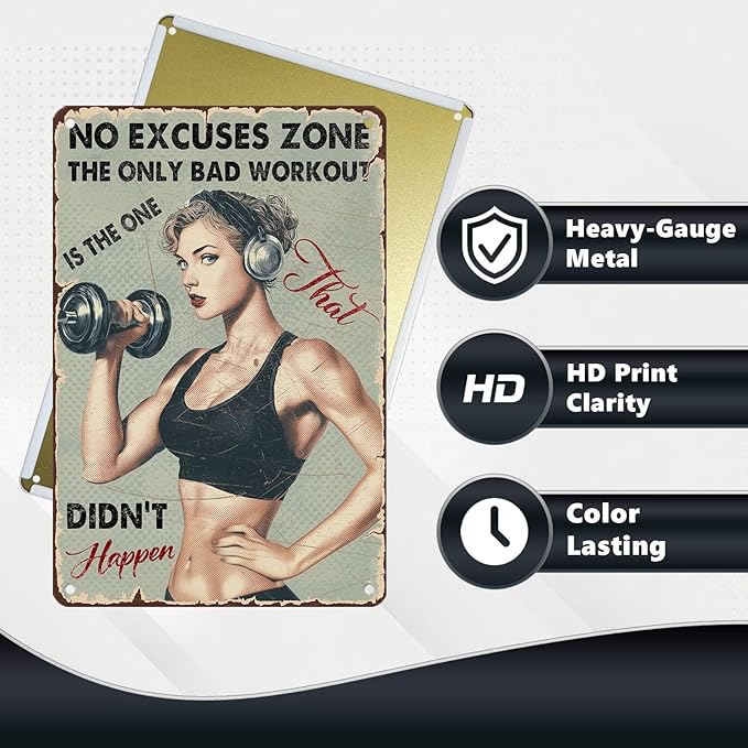 No Excuses Zone Vintage Gym Tin Sign for Women Home Gym Decor Motivational Metal Wall Art Retro Fitness Room Sign for Workout Room Garage Gym She Shed 12x8 Inch