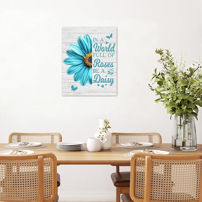 LB Teal Daisy Floral Wall Art- Farmhouse Flower Funny Inspirational Quote Bathroom Wall Decor- Rustic Butterfly Framed Artwork Canvas Pictures for Living Room Bedroom Kitchen Office,12Lx12W inch