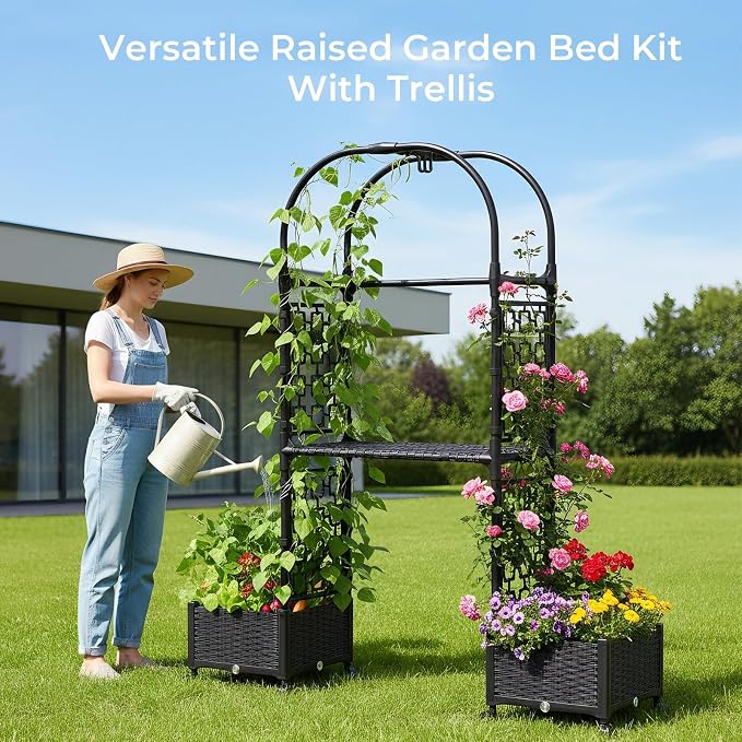 71"x16"x32" Planter Box with Trellis, 3-in-1 Self-Watering Planter Box with Wheels for Patio,Raised Garden Bed with Trellis, Drainage Holes & Metal Storage Rack for Vine Climbing Plants