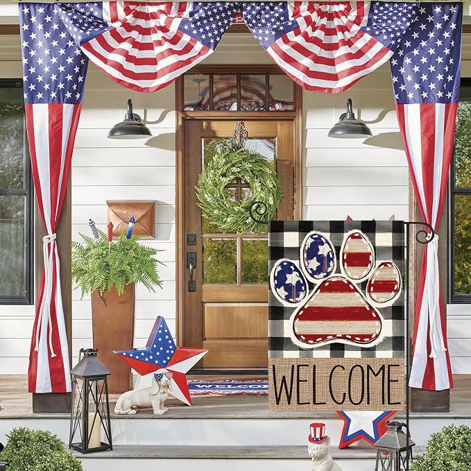 AVOIN colorlife American Flag Paw Print Patriotic 4th of July Garden Flag 12x18 Inch Double Sided Outside, Welcome Buffalo Plaid Yard Outdoor Decoration