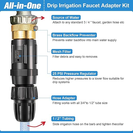 Feekoon 8 Set 25 Psi Drip Irrigation Faucet Adapter Kit 1/2'' Irrigation Tubing to 3/4'' Faucet Water Pressure Regulator Backflow Preventer with Filter, Drip System Parts