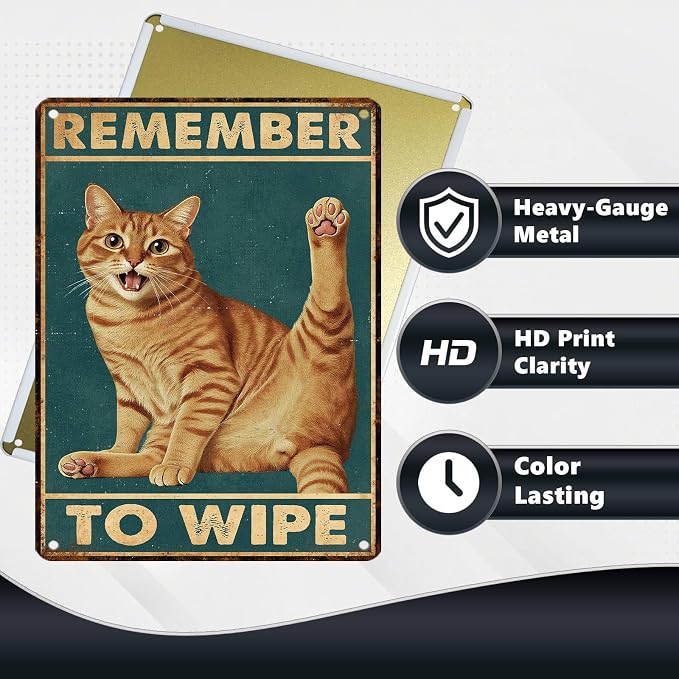 Retro Orange Tabby Tin Sign Remember To Wipe Vintage Cat Wall Decor Funny Nostalgic Metal Poster Cat Lovers Decorations for Home Bathroom Toilet Indoor Bedroom 16 * 12 In