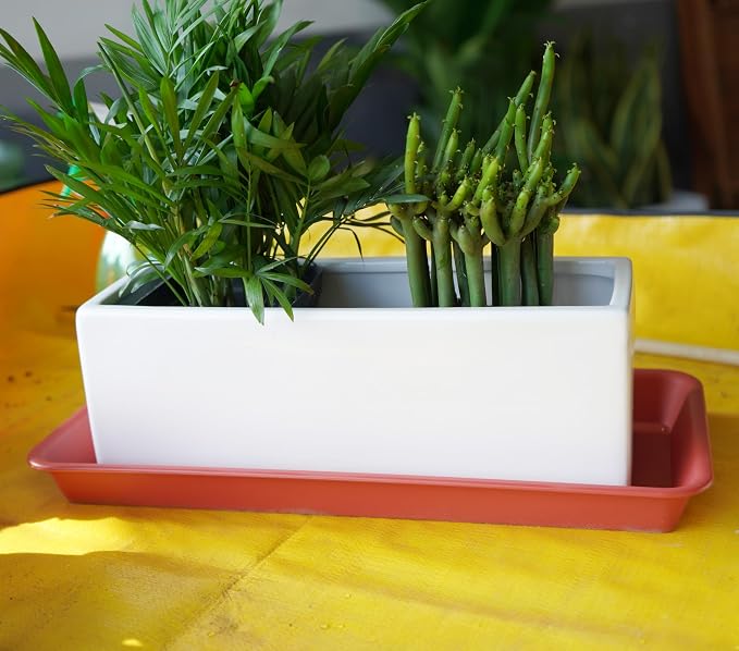 VUWEZ 2 Pack Plastic Plant Saucer, Rectangular, Indoors Outdoor, Water Drip Tray for Flower Pot, Windowsill (6.5 X 13 Inch, Black)