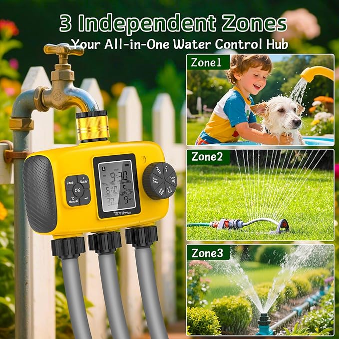 3 Zone Sprinkler Timer for Garden Hose,Garden Hose Timer with Brass Inlet,Programmable Automatic&Manual Irrigation System with LCD Display for Yard/Lawn/Pool,Rain Delay,IPX5 Waterproof