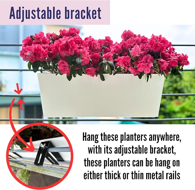 LaLaGreen Railing Planter Box (20 Inch, 4 Pack) White Rectangular Window Flower Boxes with Bracket, Self Watering System Hanging Planter Box for Outdoor Plant Pots Container Deck Rail Fence Balcony