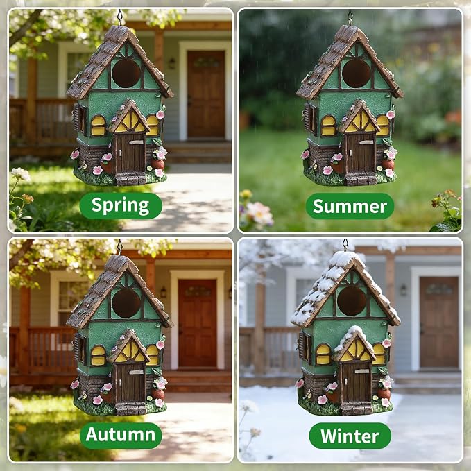 Bird Houses for Outside Rustic Cottage Thatch Roof Birdhouse with Flowers – Hand-Painted Resin Birdhouses for Outdoors for Bluebird Finches Cardinals Bird Nesting Garden, Patio, Yard