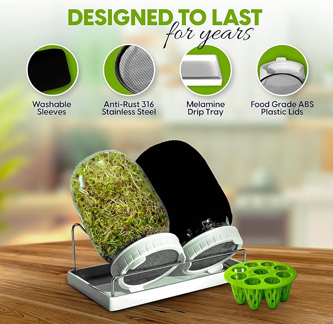 Premium Seed Sprouting Kit & Green Onion Regrower – 2 Wide-Mouth Mason Jars with Sprout Lids, Stainless Stand, Drain Tray, Blackout Sleeves & Cleaning Brush for Broccoli, Alfalfa & Mung Beans
