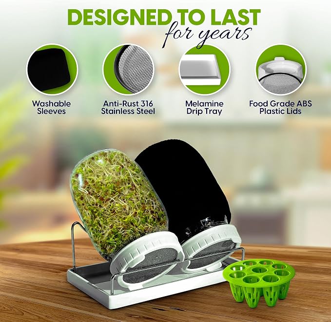 Broccoli Sprouting Kit & Green Onion Regrower with USA Organic Broccoli and Alfalfa Seeds– 2 Wide-Mouth Mason Jars with Sprout Lids, Stainless Stand, Drain Tray, Blackout Sleeves & Cleaning Brush