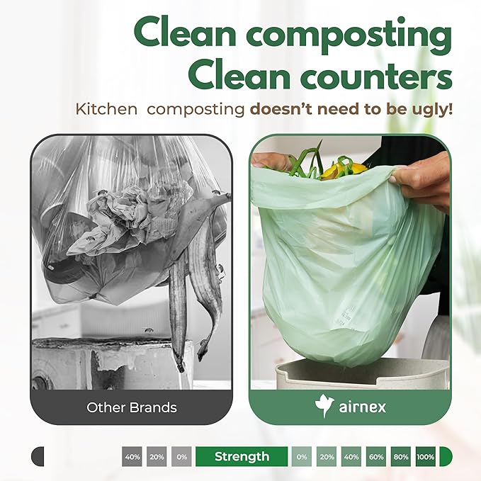 AIRNEX Small Compost Bags 1.6 Gal - 100 Compostable Kitchen Trash Bags for Countertop Bin - Cornstarch Leakproof & Tear-Resistant - OK Compost Home & Seedling Certified 0.18 mm Kitchen Garbage Bags
