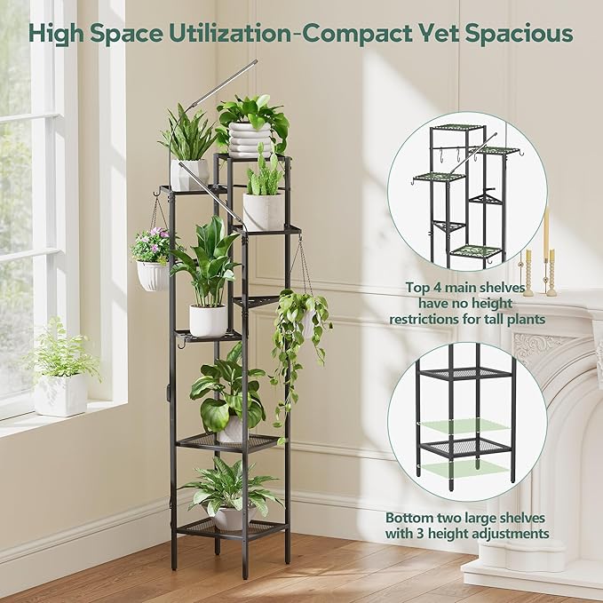 Quikraen 8 tiers Metal Plant Stand with Grow Lights, Tall Lighted Corner Plant Shelf for Indoor Plant Growing,Flower Pot Holder, Plant Rack for Home Decor, Patio (Black)