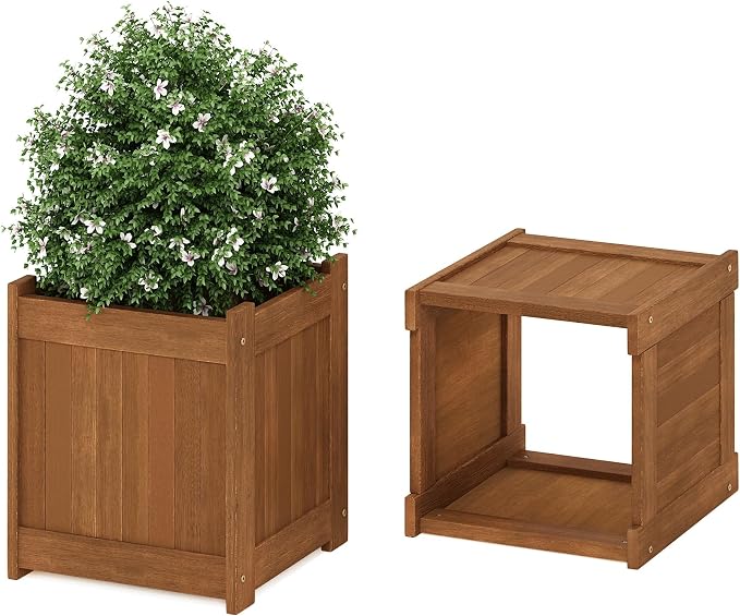 Furinno TIOMAN Planter Box Set of 2, Hardwood Flower Box, Cube Garden Box, in Teak Oil, Outdoor Indoor, Garden, Patio, Balcony, Light Wood