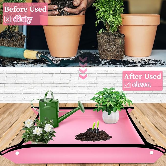 SupKing Repotting Mat for Indoor Plant Transplanting 29.5"x 29.5" Pink Garden Mat for Plant Lovers Oxford Fabric Portable Potting Tray for Gardening Mess Control