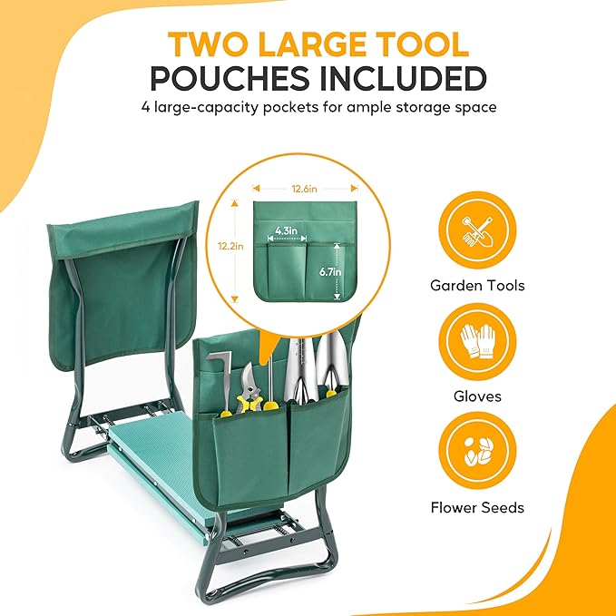 Simple Deluxe Garden Kneeler and Seat, Foldable Kneeling Stool with Thicker EVA Foam Pad Heavy Duty Bench, with Tool Pouch, Gifts for Outdoor Gardening, Fishing, Green, Arbor Day Gift